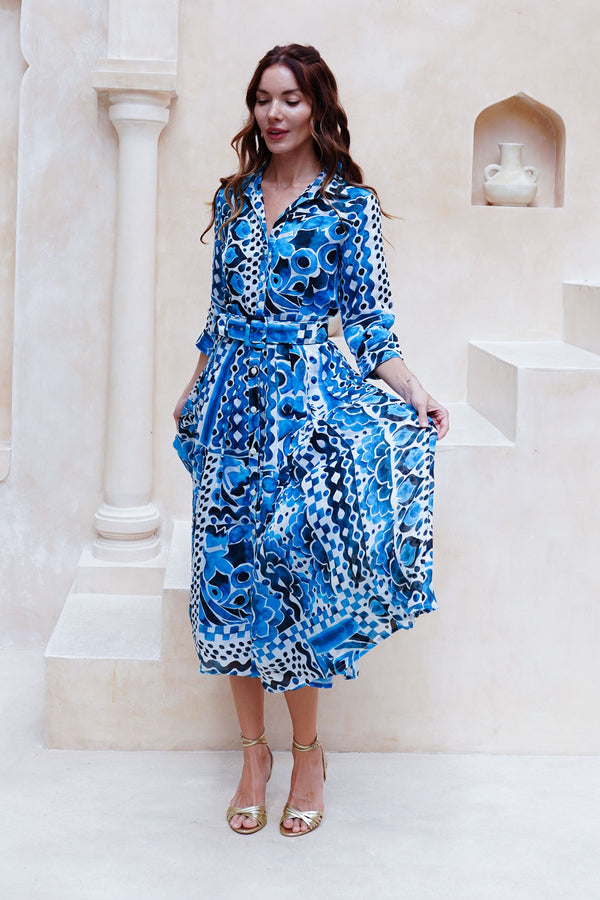 Audrey Dress #4 Shirt Collar 3/4 Sleeve Midi Length Cotton Musola (Watercolor Tile Mono)