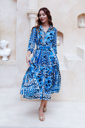 Audrey Dress #4 Shirt Collar 3/4 Sleeve Midi Length Cotton Musola (Watercolor Tile Mono)