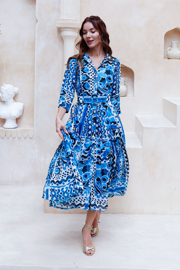 Audrey Dress #4 Shirt Collar 3/4 Sleeve Midi Length Cotton Musola (Watercolor Tile Mono)