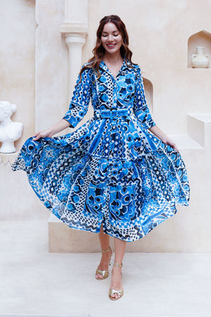 Audrey Dress #4 Shirt Collar 3/4 Sleeve Midi Length Cotton Musola (Watercolor Tile Mono)