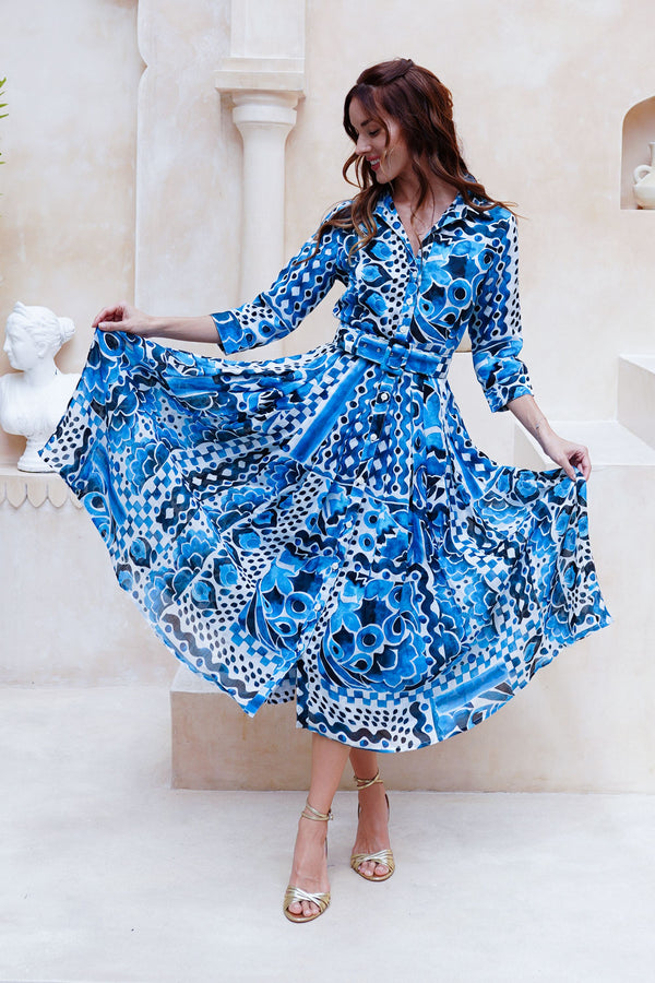 Audrey Dress #4 Shirt Collar 3/4 Sleeve Midi Length Cotton Musola (Watercolor Tile Mono)