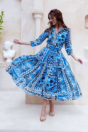 Audrey Dress #4 Shirt Collar 3/4 Sleeve Midi Length Cotton Musola (Watercolor Tile Mono)