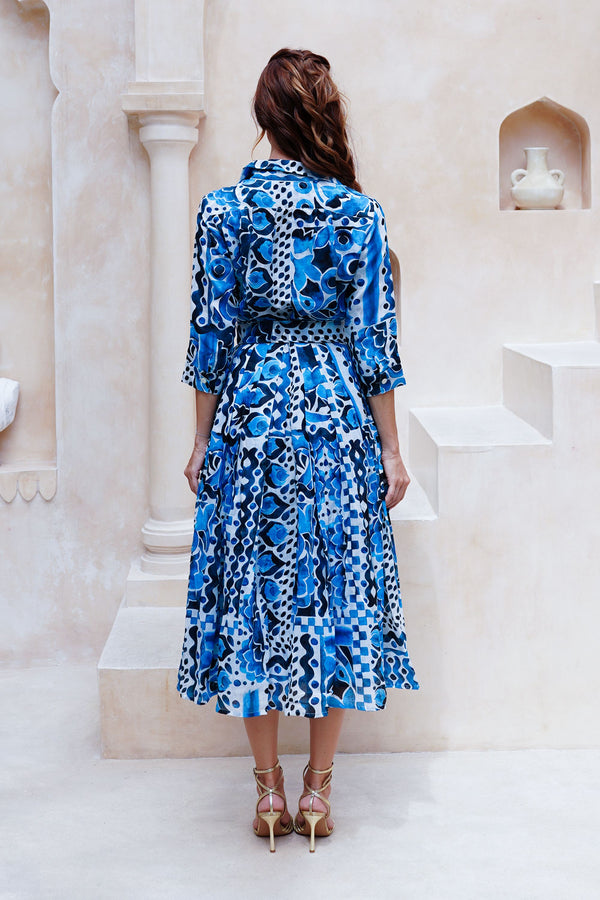 Audrey Dress #4 Shirt Collar 3/4 Sleeve Midi Length Cotton Musola (Watercolor Tile Mono)