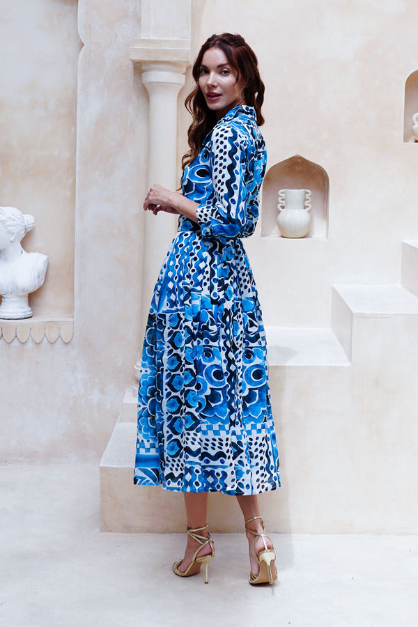 Audrey Dress #4 Shirt Collar 3/4 Sleeve Midi Length Cotton Musola (Watercolor Tile Mono)