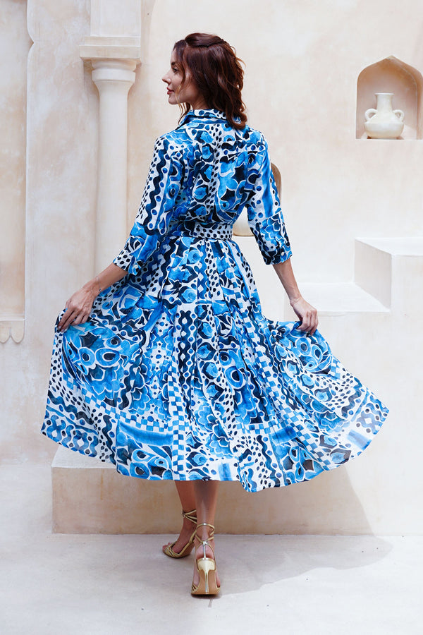 Audrey Dress #4 Shirt Collar 3/4 Sleeve Midi Length Cotton Musola (Watercolor Tile Mono)