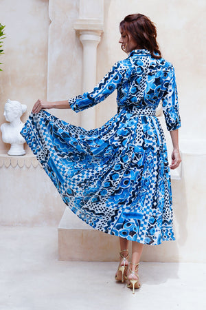 Audrey Dress #4 Shirt Collar 3/4 Sleeve Midi Length Cotton Musola (Watercolor Tile Mono)