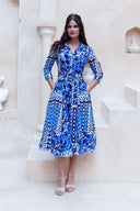 Aster Dress Shirt Collar 3/4 Sleeve Midi Length Cotton Musola (Watercolor Tile Mono)