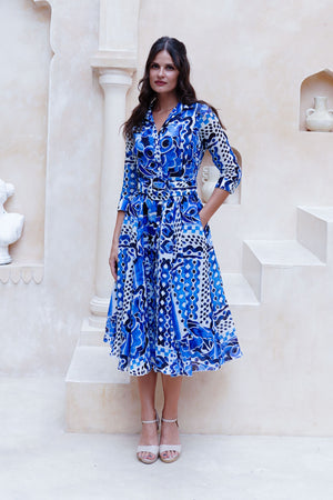 Aster Dress Shirt Collar 3/4 Sleeve Midi Length Cotton Musola (Watercolor Tile Mono)