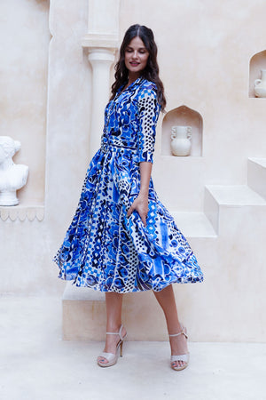 Aster Dress Shirt Collar 3/4 Sleeve Midi Length Cotton Musola (Watercolor Tile Mono)