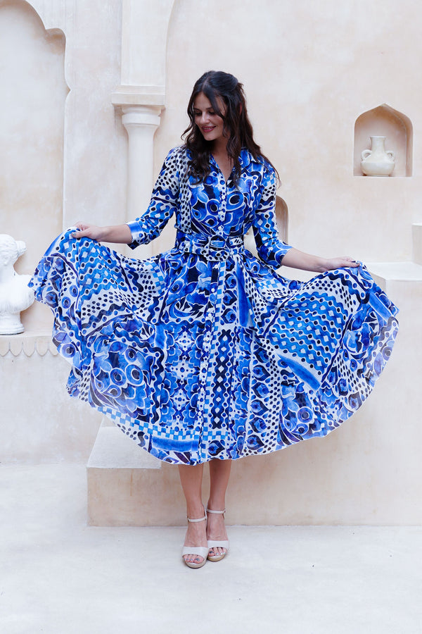 Aster Dress Shirt Collar 3/4 Sleeve Midi Length Cotton Musola (Watercolor Tile Mono)