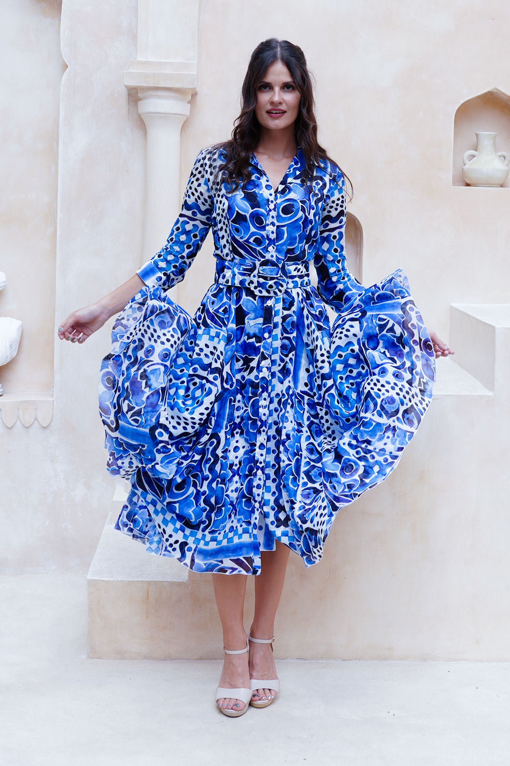 Aster Dress Shirt Collar 3/4 Sleeve Midi Length Cotton Musola (Watercolor Tile Mono)