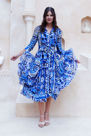 Aster Dress Shirt Collar 3/4 Sleeve Midi Length Cotton Musola (Watercolor Tile Mono)