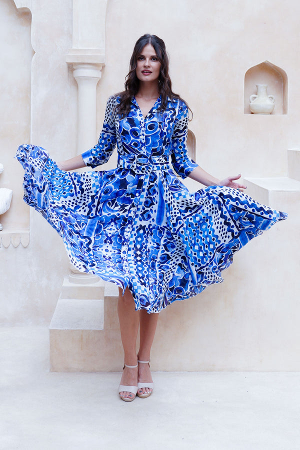 Aster Dress Shirt Collar 3/4 Sleeve Midi Length Cotton Musola (Watercolor Tile Mono)