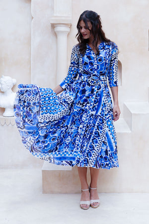 Aster Dress Shirt Collar 3/4 Sleeve Midi Length Cotton Musola (Watercolor Tile Mono)