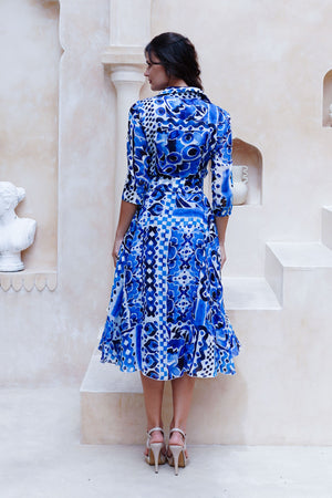 Aster Dress Shirt Collar 3/4 Sleeve Midi Length Cotton Musola (Watercolor Tile Mono)