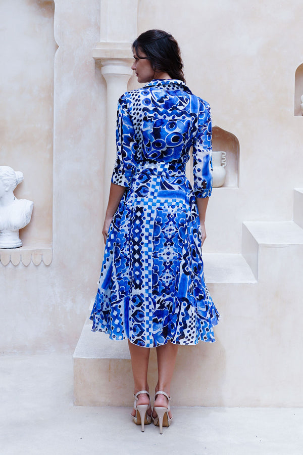 Aster Dress Shirt Collar 3/4 Sleeve Midi Length Cotton Musola (Watercolor Tile Mono)