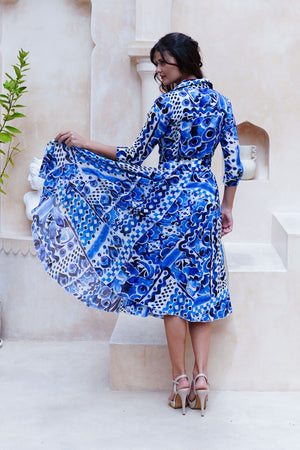 Aster Dress Shirt Collar 3/4 Sleeve Midi Length Cotton Musola (Watercolor Tile Mono)