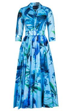 Aster Dress Shirt Collar 3/4 Sleeve Midi Plus Length Cotton Musola (Whispering Lillies)