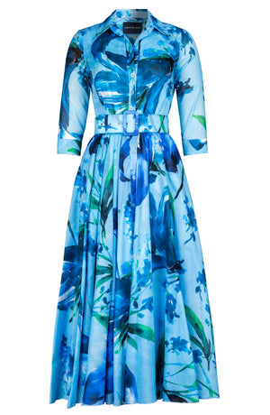 Aster Dress Shirt Collar 3/4 Sleeve Midi Plus Length Cotton Musola (Whispering Lillies)