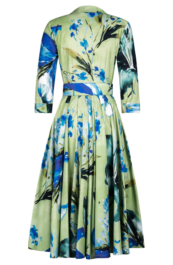 Laurent Dress Shirt Collar 3/4 Sleeve Midi Length Cotton Stretch (Whispering Lillies)