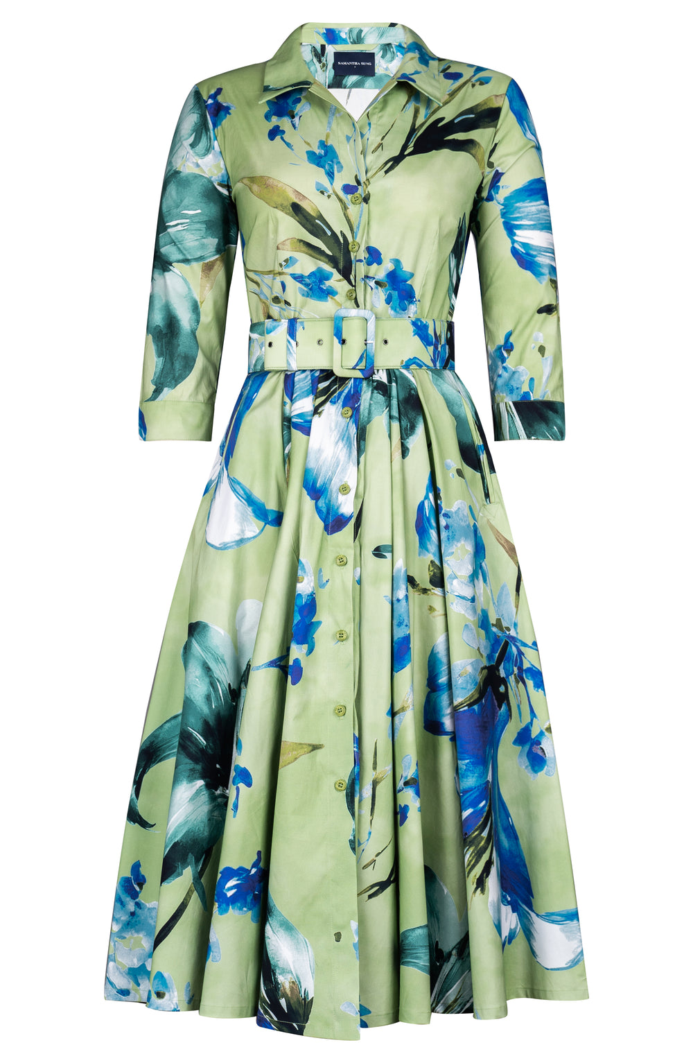 Laurent Dress Shirt Collar 3/4 Sleeve Midi Length Cotton Stretch (Whispering Lillies)