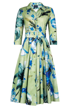 Laurent Dress Shirt Collar 3/4 Sleeve Midi Length Cotton Stretch (Whispering Lillies)