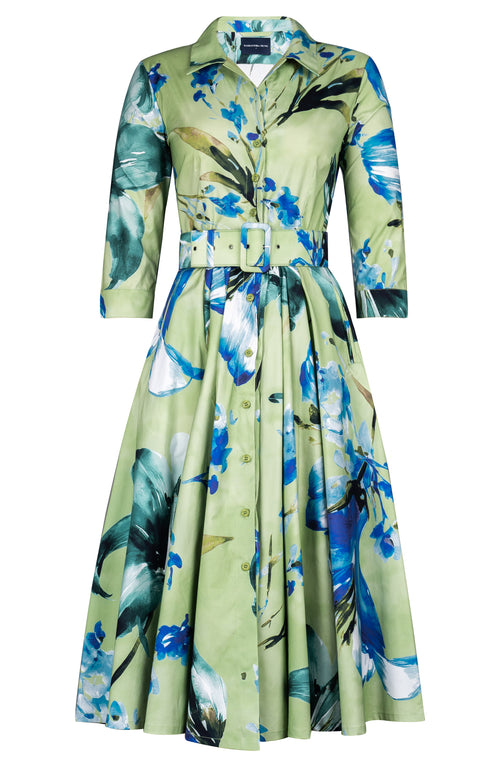 Laurent Dress Shirt Collar 3/4 Sleeve Midi Length Cotton Stretch (Whispering Lillies)