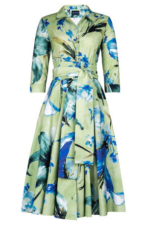 Laurent Dress Shirt Collar 3/4 Sleeve Midi Length Cotton Stretch (Whispering Lillies)