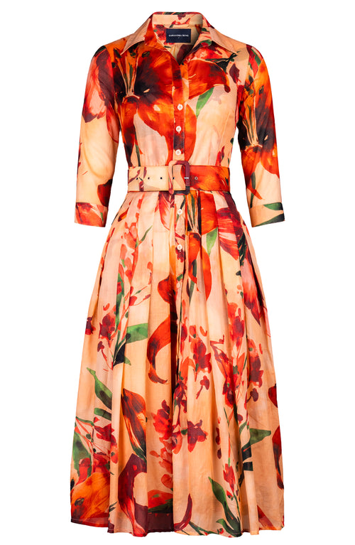 Audrey Dress #4 Shirt Collar 3/4 Sleeve Midi Length Cotton Musola (Whispering Lillies)