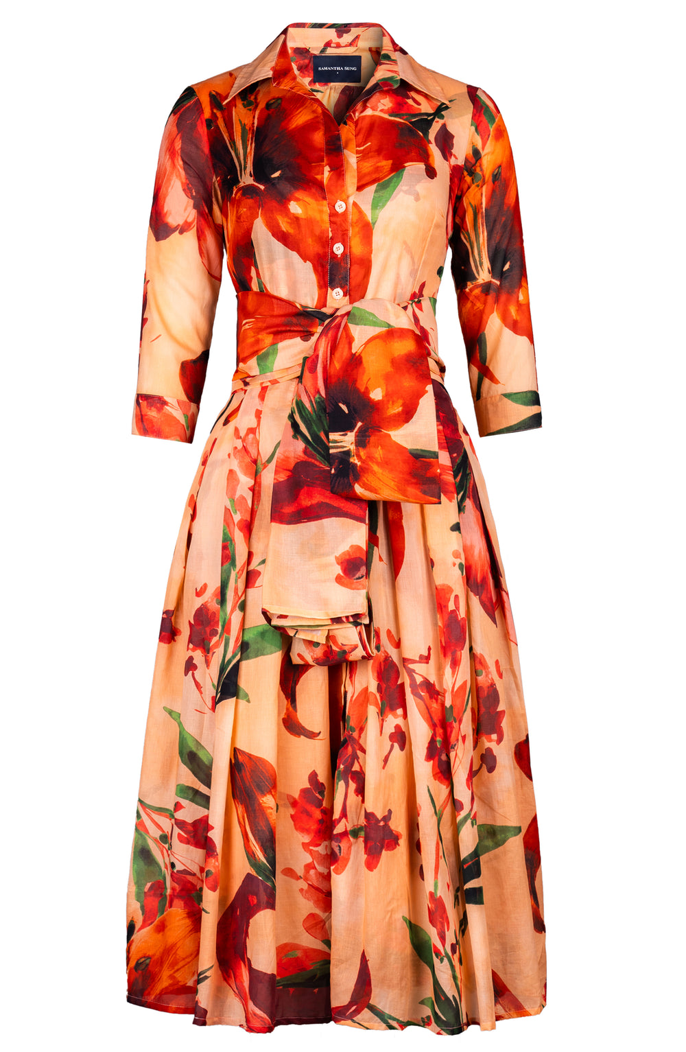 Audrey Dress #4 Shirt Collar 3/4 Sleeve Midi Length Cotton Musola (Whispering Lillies)