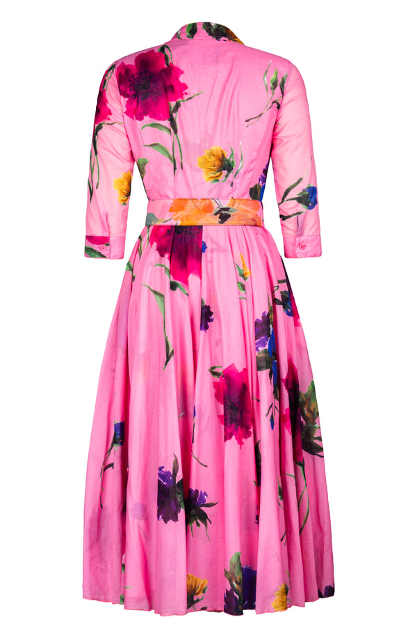 Aster Dress Shirt Collar 3/4 Sleeve Midi Plus Length Cotton Musola (Whistler Gallery Flower)