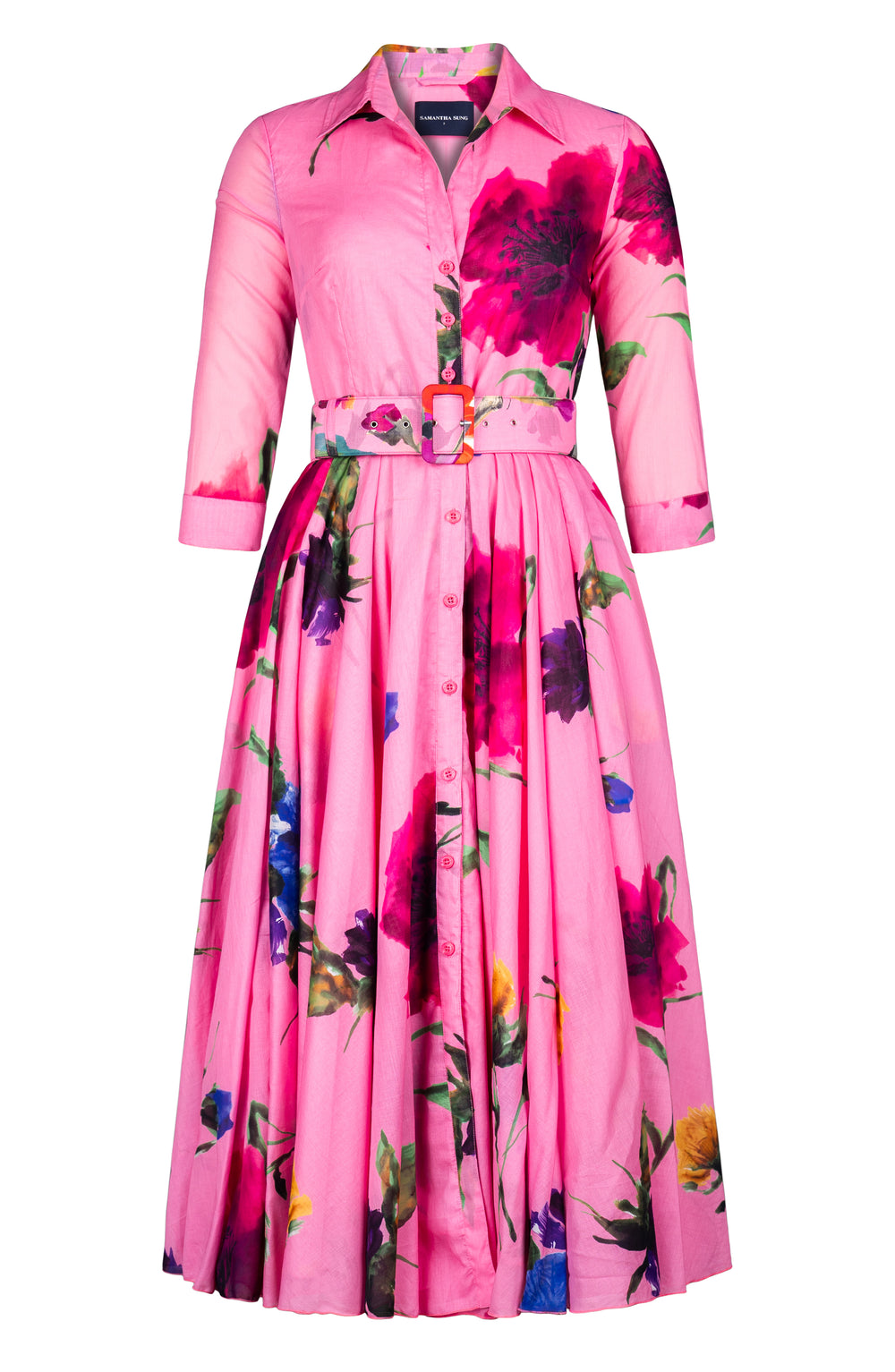 Aster Dress Shirt Collar 3/4 Sleeve Midi Plus Length Cotton Musola (Whistler Gallery Flower)