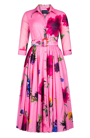 Aster Dress Shirt Collar 3/4 Sleeve Midi Plus Length Cotton Musola (Whistler Gallery Flower)