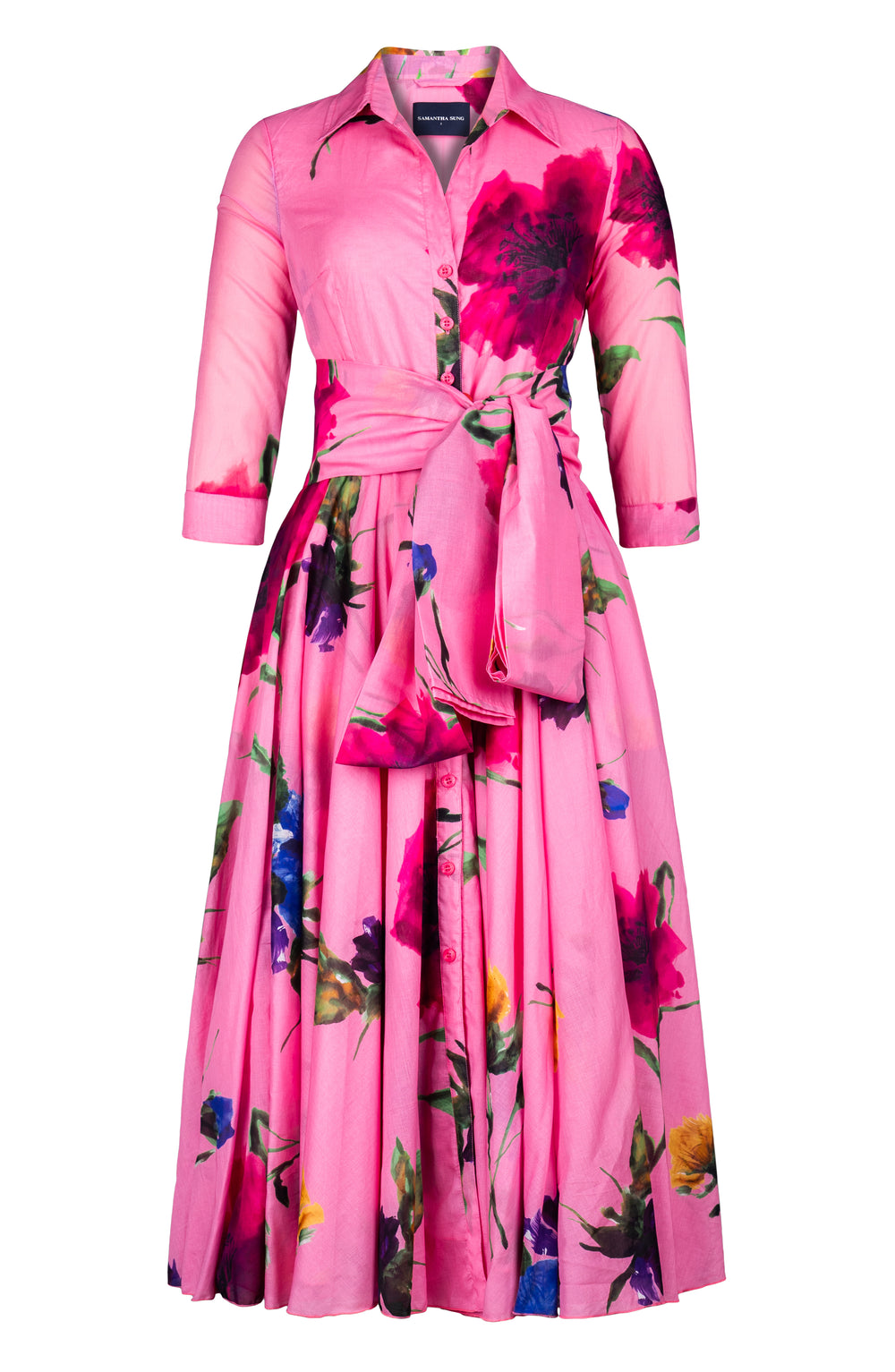 Aster Dress Shirt Collar 3/4 Sleeve Midi Plus Length Cotton Musola (Whistler Gallery Flower)