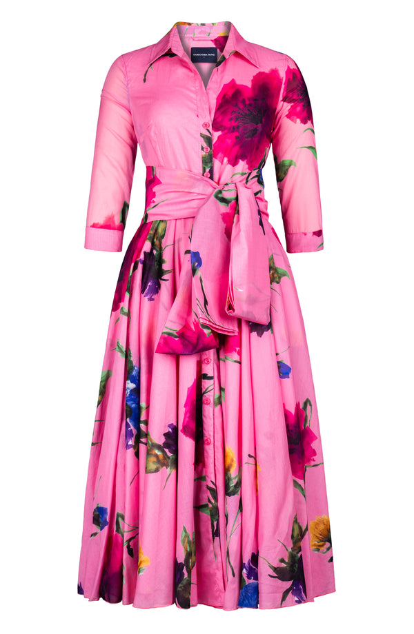Aster Dress Shirt Collar 3/4 Sleeve Midi Plus Length Cotton Musola (Whistler Gallery Flower)