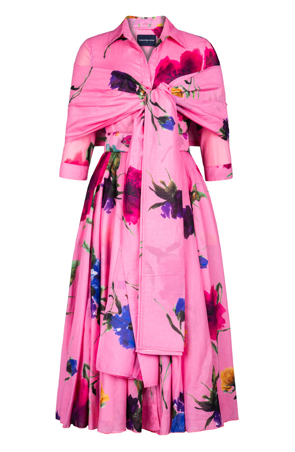 Aster Dress Shirt Collar 3/4 Sleeve Midi Plus Length Cotton Musola (Whistler Gallery Flower)