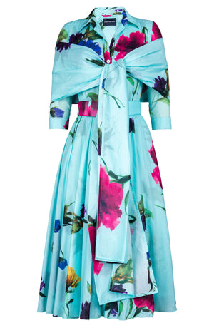 Aster Dress Shirt Collar 3/4 Sleeve Midi Length Cotton Musola (Whistler Gallery Flower)