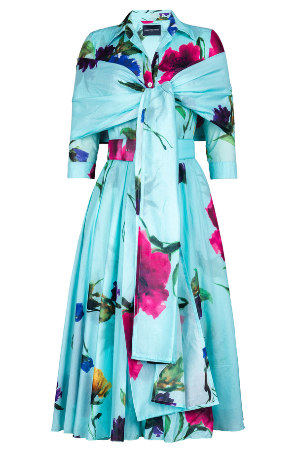 Aster Dress Shirt Collar 3/4 Sleeve Midi Length Cotton Musola (Whistler Gallery Flower)