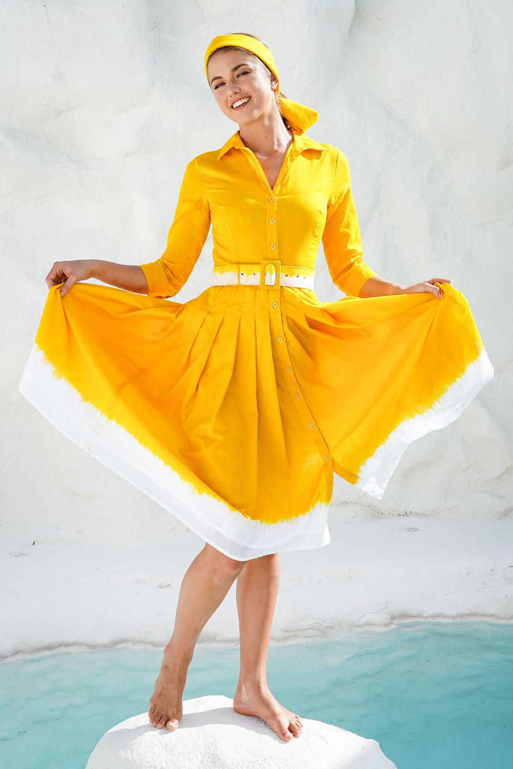 Audrey Dress #4 Shirt Collar 3/4 Sleeve Long Length Cotton Musola (White Border Tie Dye)