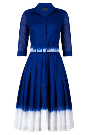 Audrey Dress #4 Shirt Collar 3/4 Sleeve Long Length Cotton Musola (White Border Tie Dye)