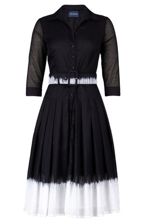 Audrey Dress #4 Shirt Collar 3/4 Sleeve Long Length Cotton Musola (White Border Tie Dye)