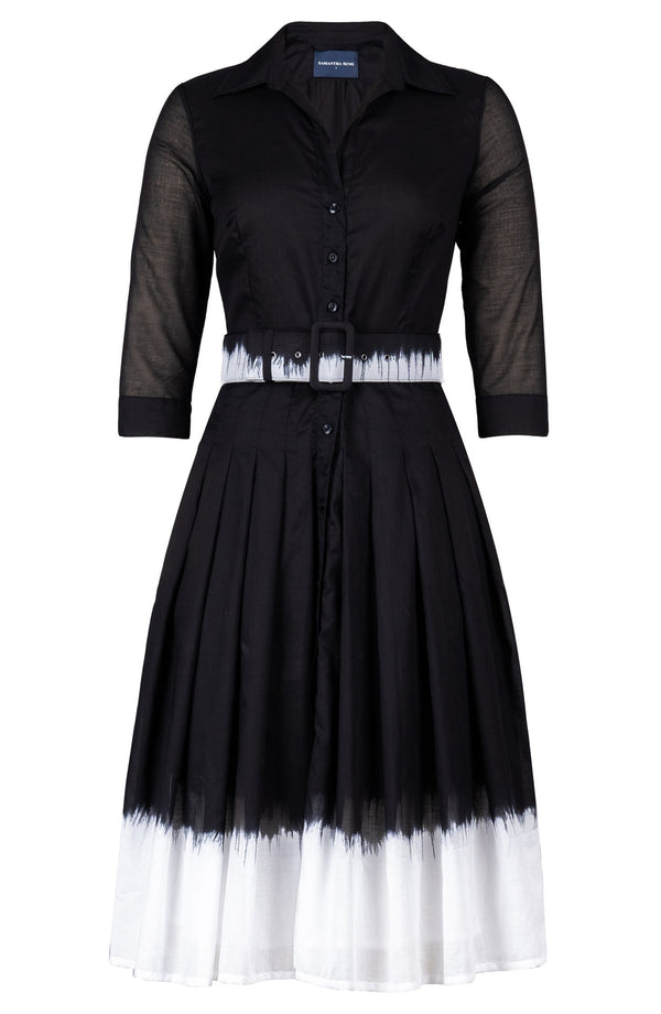 Audrey Dress #4 Shirt Collar 3/4 Sleeve Long Length Cotton Musola (White Border Tie Dye)