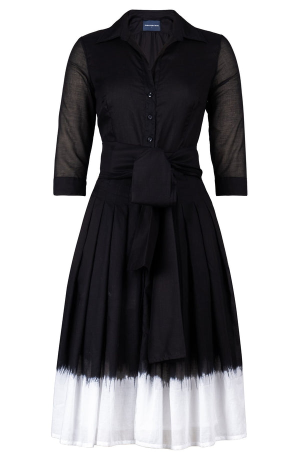 Audrey Dress #4 Shirt Collar 3/4 Sleeve Long Length Cotton Musola (White Border Tie Dye)