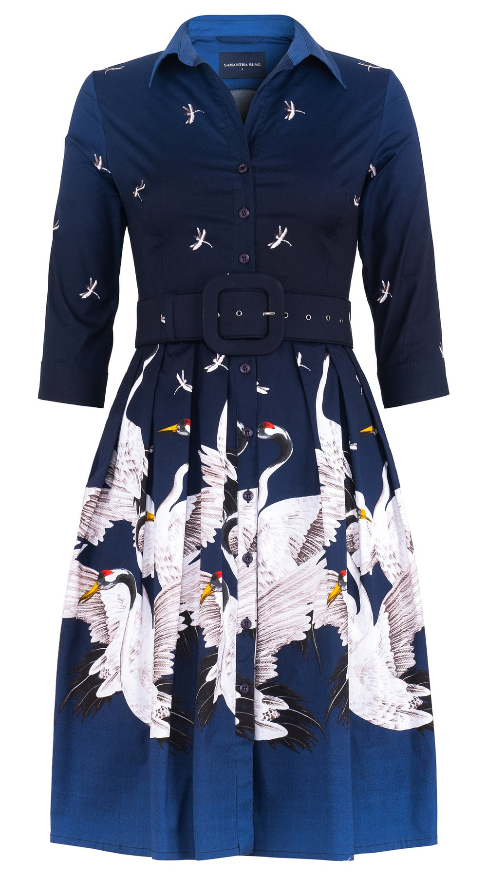 Audrey Dress #1 Shirt Collar 3/4 Sleeve Regular Length Cotton Stretch (White Crane Ombre)