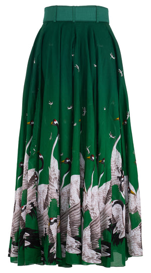 Aster Skirt #1 with Belt Maxi Length Cotton Musola (White Crane Ombre)