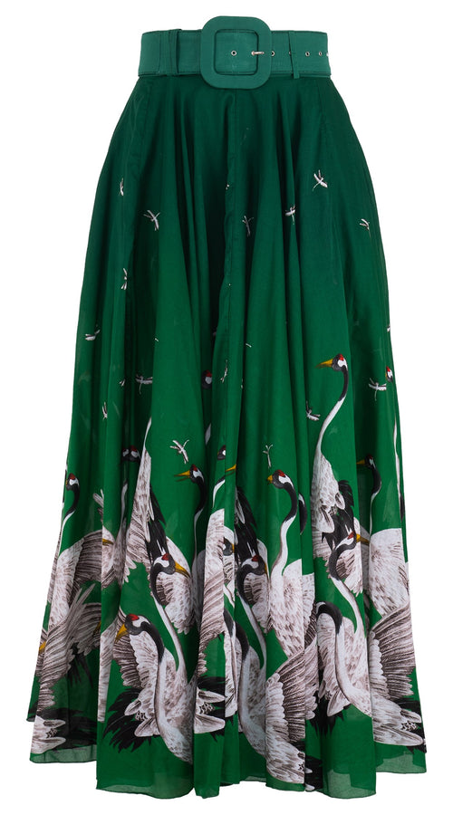 Aster Skirt #1 with Belt Maxi Length Cotton Musola (White Crane Ombre)