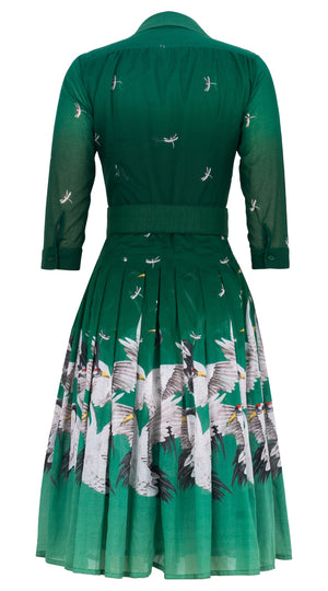 Audrey Dress #4 Shirt Collar 3/4 Sleeve Long Length Cotton Musola (White Crane Ombre)