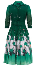 Audrey Dress #4 Shirt Collar 3/4 Sleeve Long Length Cotton Musola (White Crane Ombre)