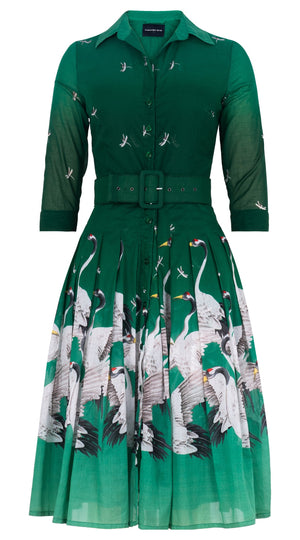 Audrey Dress #4 Shirt Collar 3/4 Sleeve Long Length Cotton Musola (White Crane Ombre)