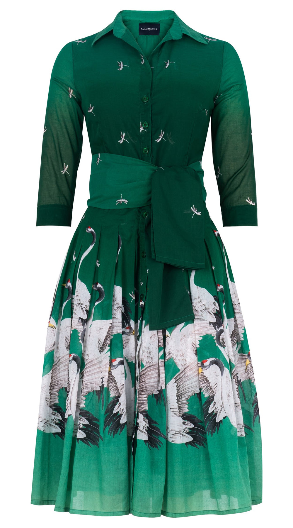 Audrey Dress #4 Shirt Collar 3/4 Sleeve Long Length Cotton Musola (White Crane Ombre)